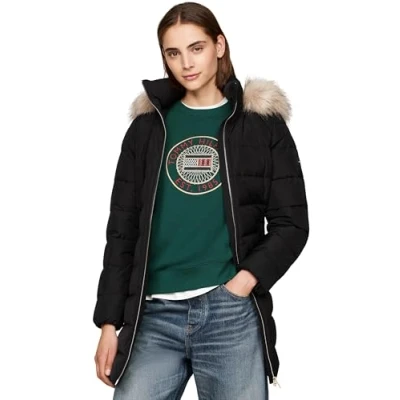 Afbeelding van Tommy Hilfiger Dames HERITAGE DOWN TYRA JAS MET FUR WW0WW43234 Pufferjas, zwart, XXS, Zwart (zwart), XXS