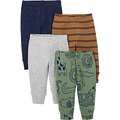 Afbeelding van Simple Joys by Carter&#039;s Babybroek voor jongens (set van 4), Blauwe heide/bruine strepen/grijs gemêleerd/olijfgroen dier, 0 Maanden