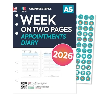 Afbeelding van 2026 A5 formaat week op twee pagina&#039;s afspraken dagboek organiser insert vulling Filofax COMPATIBEL Engels UK feestdagen 148 x 210 mm (2026 afspraken)