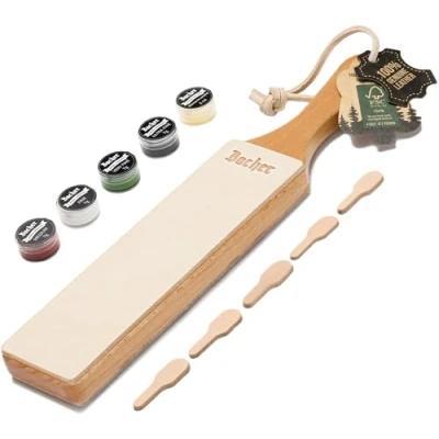 Afbeelding van BACHER Lederen Strop met Polijstpasta Premium Stropping Kit Leder Messenslijper voor het Slijpen Messen en Scheermes Handmatige Messenslijpers