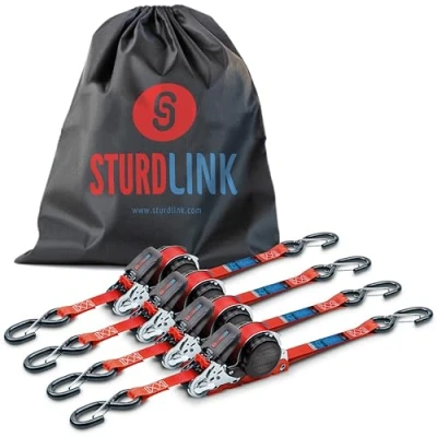 Afbeelding van Riemen met automatische ratel, 5 m, 25 mm, S haken LC 350 kg/700 kg in U, riemwikkelaar, bevestiging aan aanhanger, motorfiets, quad, auto, set van 4 + tas, EN 12195 2 Sturdlink®