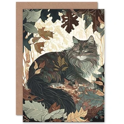 Afbeelding van Artery8 Norwegian Forest Cat Resting Under Bush Trees Modern Illustration Art Birthday Sealed Greeting Card Plus Envelope Blank inside