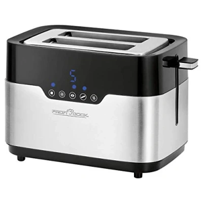 Afbeelding van broodrooster Automatische 2 sneetjes extra brede sleuven Touch control 920 Watt Kruimelsvanger Zilver en zwarte kleur ProfiCook PC TA 1170