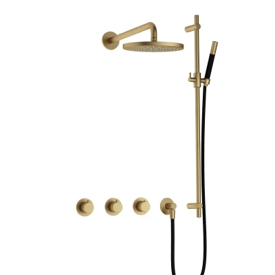 Afbeelding van Hotbath Cobber Regendoucheset IBS70 Geborsteld Messing Staaf handdouche 20cm Hoofddouche Wandarm Handouche met glijstang