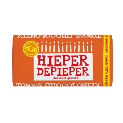 Afbeelding van Chocolade Tony&#039;s Chocolonely melk karamel zeezout hieper de pieper reep 180gr