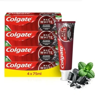 Afbeelding van COLGATE Max White Charcoal Tandpasta 4 x 75 ml bleken van tanden klinisch bewezen formule verwijdert tot 100% de oppervlaktevlekken Actieve kool en minerale microdeeltjes