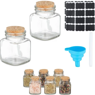 Afbeelding van Relaxdays kruidenpotje set van 8 vierkant glazen potjes kurk met labels