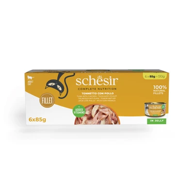 Afbeelding van 6x85g In Gelei Tonijn met Kip Schesir Kattenvoer