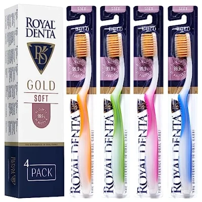 Afbeelding van Royal Denta Gouden tandenborstels met zachte haren, 4 stuks, borstel voor gevoelige tanden, dubbele lengte borsteltandenborstel interdentale reiniging, gouddeeltjes om bacteriën te