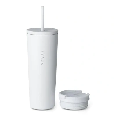 Afbeelding van Vinsun Thermosbeker met Rietje 720ml Roestvrij Staal Koffiebeker,BPA Vrij, Lekvrij, Dubbelwandig geïsoleerd Warme en Koude Dranken Witte Drinkbeker twee Deksels