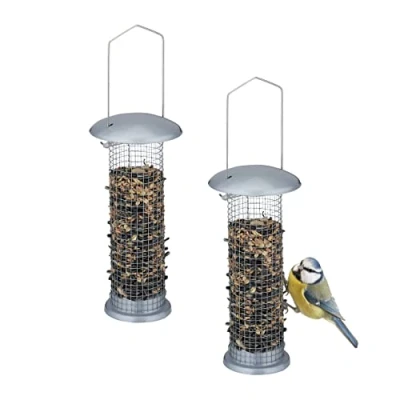 Afbeelding van Relaxdays voedersilo vogels, set van 2, hangend, voor pinda&#039;s, meelwormen, metaal, H x Ø 33x10 cm, vogelvoersilo, zilver