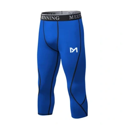 Afbeelding van MEETYOO Compressiebroek voor heren, sportlegging, ademend, fitnesspanty, functioneel ondergoed, onderbroek, lang, hardlopen, wandelen, fietsen, 3/4 broek, blauw, L