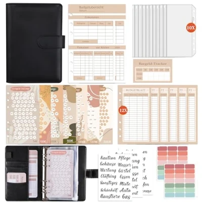 Afbeelding van FUHOMI A6 ringband, budgetplanner, Duits, spaarplanner, financiële planner, huishoudboek, geldorganizer, spaarboek, cash stuffing, geld besparen met envelopmethode