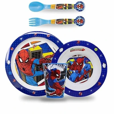 Afbeelding van Sorrisini Herbruikbaar servies, Ontbijtset voor kinderen, Kinderservies plastic, kinderserviesset, baby serviesset, kinderbestek, kinderserviesset inclusief kinderborden, BPA Free Spiderman
