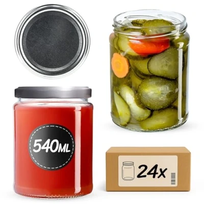 Afbeelding van KADAX K7497 K7608 Wekpotten 540 ml inmaakpot om in te zetten inmaakpotten voor schroefdeksel jampot voorraadpot conservenglas ronde glazen (zilver/24 stuks) 8.6x8.6x11.6