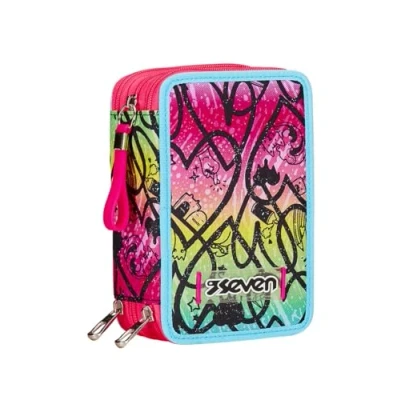 Afbeelding van Seven Pennenetui met 3 vakken, Roze, compleet potloden, viltstiften, kleuren, accessoires, rugzak, basisschool, medium, top, meisjes en meisjes, school
