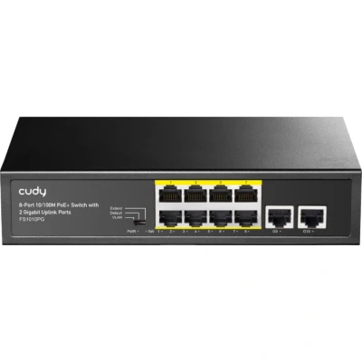 Afbeelding van Cudy FS1010PG 8 poorts PoE + switch met 2 Gigabit uplinkpoorten 120 W, * 10/100 Mbit/s PoE+ @ Extend/VLAN modus, 802.3af / at Standard, ventilatorloos, Watchdog, Plug &amp; Play