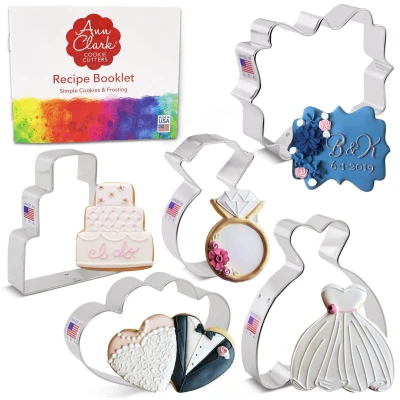 Afbeelding van Bruiloft koekjessnijders 5 delige set gemaakt in de VS door Ann Clark, vierkante plaque, bruidstaart, trouwjurk, diamanten ring, dubbel hart