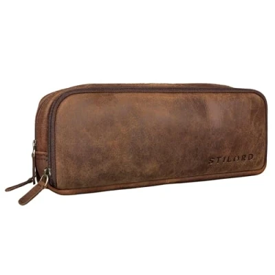 Afbeelding van STILORD &#039;Flo&#039; vintage lederen etui groot voor potloden leren potloodetui echt rundleren potlooddoos potloodhouder retro pennenetui met 3 ritsen, Kleur:zamora bruin