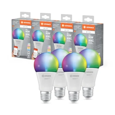 Afbeelding van LEDVANCE SMART+ MATTER LED lamp, compatibel met Google, Alexa, Apple, witte matte look, 9W, 806lm, E27 fitting, gekleurd licht en wit licht, app of stembediening, levensduur tot 20.000 uur, 4 pack
