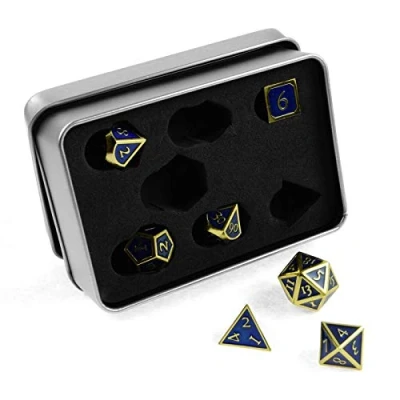 Afbeelding van shibby 7 polyhedrale metalen kubussen voor rol en tafelspellen in steampunk Goud Blauw look incl. opbergdoosje