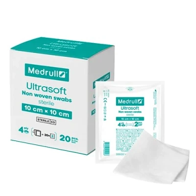 Afbeelding van Medrull Compressen niet geweven STERIL ULTRASOFT 4 laags 10 x cm verpakt 2 stuks 20 papieren zakken (40 stuks)