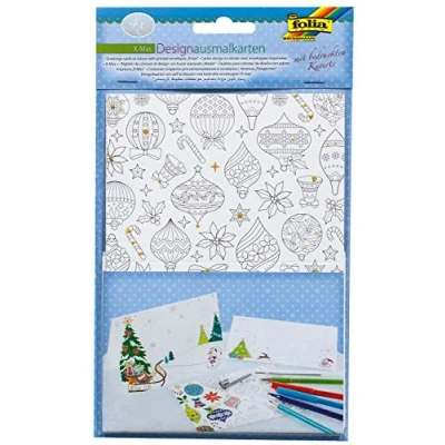 Afbeelding van folia 14902 Designkleurkaarten, inkleuren, x Mas, 4 kaarten met enveloppen, ideaal voor het knutselen van eigen wenskaarten Kerstmis, meerkleurig, 10,5 14,5 cm