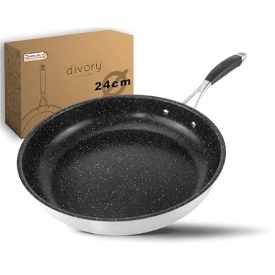 Afbeelding van DIVORY Roestvrijstalen pan 24 cm, inductie, grote braadpan met antiaanbaklaag, voor alle warmtebronnen, ergonomische handgreep, vaatwasmachinebestendig (handvat: zilver)