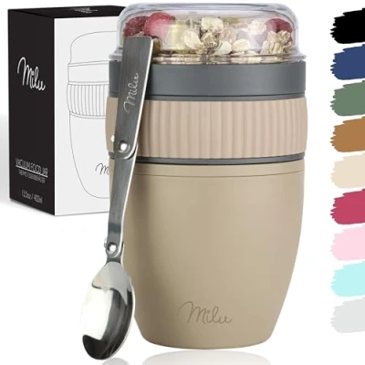Afbeelding van Milu ontbijt ontbijtgranen beker met lepel to go yoghurt pot lekvrije nachtelijke haver opslag container BPA vrij voor kantoor school reizen picknick (beige, 400 ml)