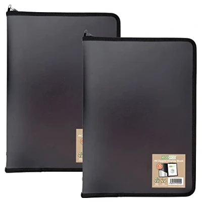 Afbeelding van eco A4 50% gerecycled 30 vakken zwart met ritssluiting presentatie display boek, bestandsmap, kunstwerkportfolio plastic hoezen (pak van 2) eco090x2