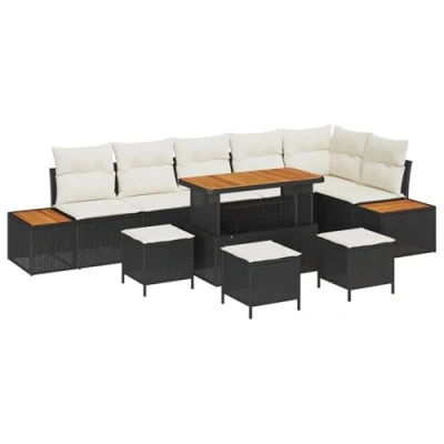 Afbeelding van vidaXL 10 delig Tuin Sofa Set met Kussens Zwart Poly Rattan Acacia