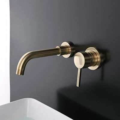 Afbeelding van Wandmontage messing badkamer wastafel kraan mengkraan, geborsteld goud