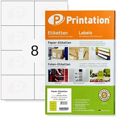 Afbeelding van Printation Universele etiketten, 105 x 74 mm, wit, bedrukbaar, op 100 DIN A4 vellen van 2 4 8 per pagina, 800 adresetiketten, zelfklevend, adreslabels, internetmerk, zelfklevende etiketten 3427 4626