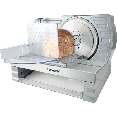 Afbeelding van Bestron Broodsnijmachine, met RSG rvs mes Made in Germany, traploze snijdikte instelling van 0 20 mm, universele broodsnijder keuzeknop voor automatische en handmatige bediening, kleur: Zilver