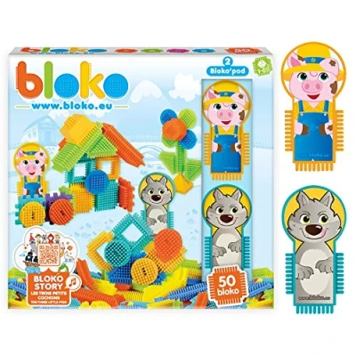 Afbeelding van BLOKO Set van 50 BIoko met 2 figuren over het thema 3 varkens en de wolf vanaf 12 maanden gemaakt in Europa bouwspeelgoed 1e leeftijd 503709