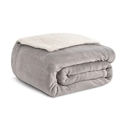 Afbeelding van Kono Sherpa Fleece plaid deken 150 x 200 cm zachte, knusse pluizige omkeerbare microvezel effen dekens voor bedbank (grijs, twin/dubbel)