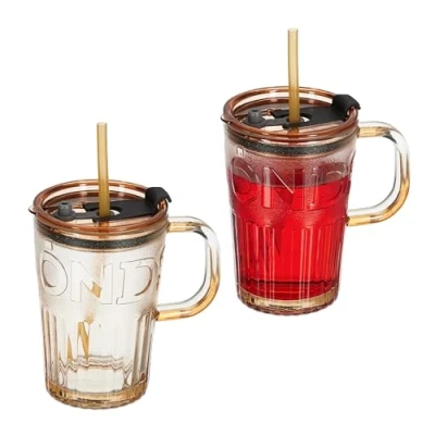 Afbeelding van Relaxdays drinkglazen met handvat set van 2 rietje en deksel limonadeglazen 450 ml bruinen
