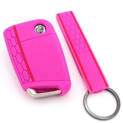 Afbeelding van Finest Folia Sleutelhoes + keytag VB voor 3 toetsen, siliconen autosleutel (neon roze)