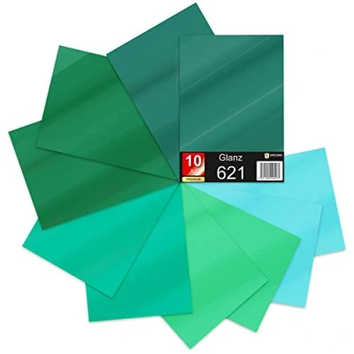 Afbeelding van 10 x DIN A4 vellen plotterfolie 621/631 zelfklevende folie in set vinyl voor plotten DIY knutselfolie sticker belettering 29,7 21 cm (groene tinten glans, van 10)