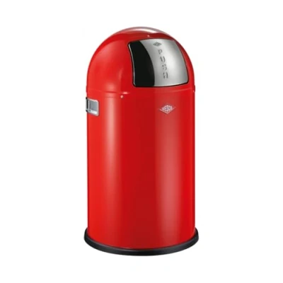 Afbeelding van Wesco Pushboy Junior vuilnisemmer in de kleur zwart, gepoedercoat plaatstaal, 22 liter volume, grote roestvrijstalen klep, uitneembare binnenbak