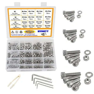 Afbeelding van HVDHYY schroevenset, 945 stuks, M2, M3, M4, M5, inbusschroeven met binnenzeskant, A2 70 roestvrijstalen zeskantschroeven, machineschroeven, moeren, sluitringen, assortimentkit,