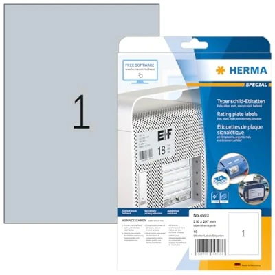 Afbeelding van HERMA 4593 typeplaatje etiketten A4 (210 x 297 mm, 10 velles, polyesterfolie, mat) zelfklevend, bedrukbaar, extreme sterke naambordelabels, voor printer, zilver