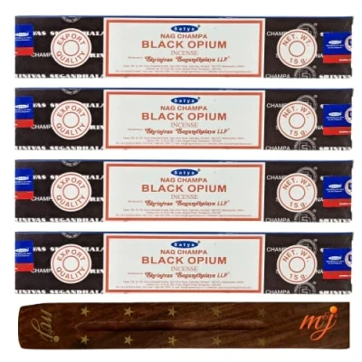Afbeelding van Originele Satya Nag Champa Black Opium wierookstokjes met M&amp;J houder x4 pack voor aromatherapie, spa, yoga, bruiloften, meditatie, genezing, positiviteit en ontspanning