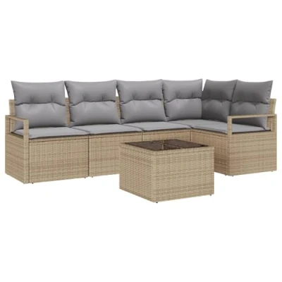 Afbeelding van vidaXL 6 delige Tuin Sofa Set met Kussens Zwart Poly Rattan, 2 Zits Beige Rattan