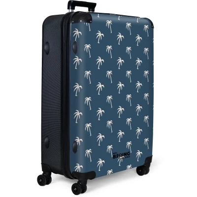 Afbeelding van NoBoringSuitcases.com® Koffer groot Reiskoffer lichtgewicht Blauw met beige palmbomen print Rolkoffer 4 wielen Grote trolley XL 98 liter bagage