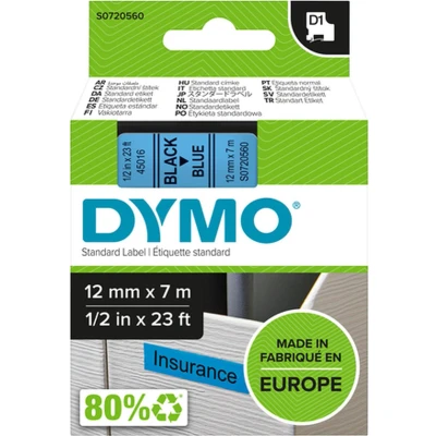 Afbeelding van DYMO originele D1 labels Zwarte Tekst op Blauw Label 12 mm x 7 m zelfklevende etiketten voor de LabelManager labelprinter gemaakt in Europa