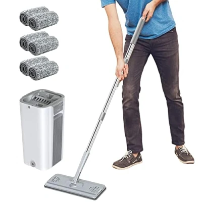 Afbeelding van Flat Mop and Bucket Set Floor with 6 Washable Pads Multipurpose for Wall Cleaning