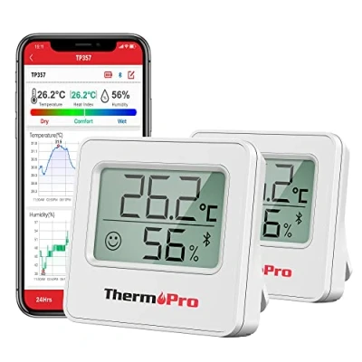 Afbeelding van ThermoPro TP357 Kamer Thermometer Indoor Bluetooth Hygrometer Vochtigheidsmeter en Temperatuurmonitor met Smart App Data opname Vochtigheidssensor voor Babykamer Kantoor, 2 Stuks