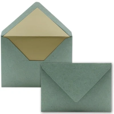 Afbeelding van enveloppen in kraftpapiergroen, 25 stuks, DIN C6 (114 x 162 mm), 11,4 16,2 cm, natte plakrand, mat oppervlak en goud metallic voering, zonder venster, voor uitnodigingen