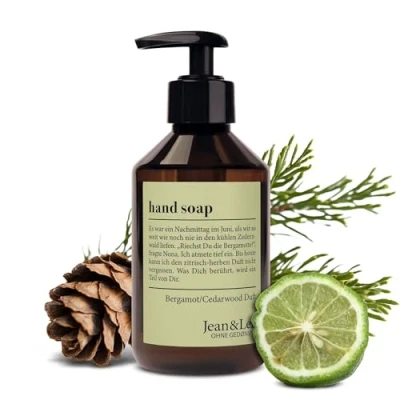 Afbeelding van Jean &amp; Len handzeep Bergamot Cederhout, reinigt gestreste handen, geschikt voor dagelijks gebruik, vloeibare zeep in pompdispenser, verfrissende citrusgeur, veganistisch, 250 ml